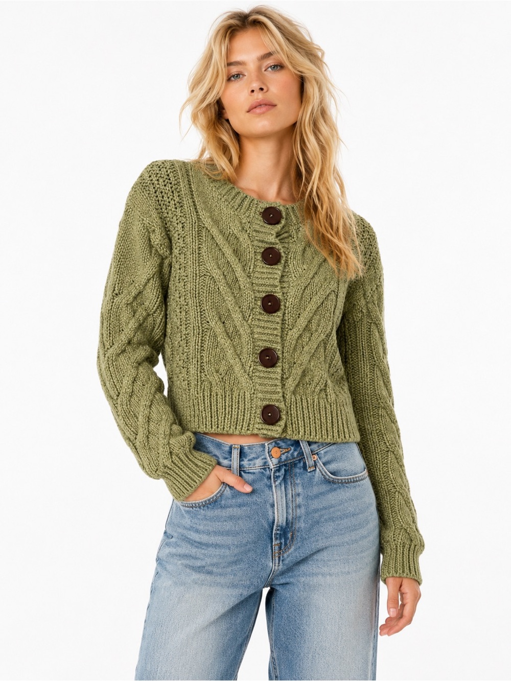 Free People Size XS Olive Cable Knit Cropped Button Cardigan